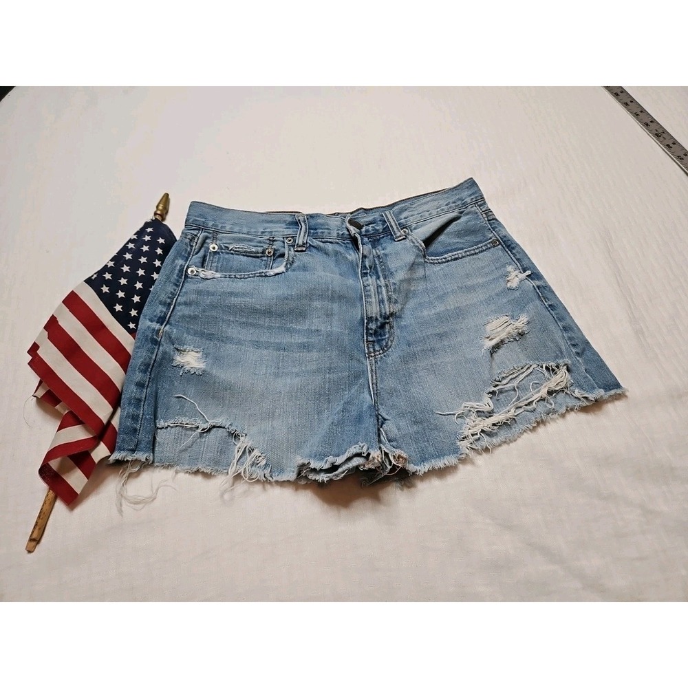 American Eagle MOM SHORTS Denim Distressed Cut-Offs Boho Festival Raw Hem Size 6